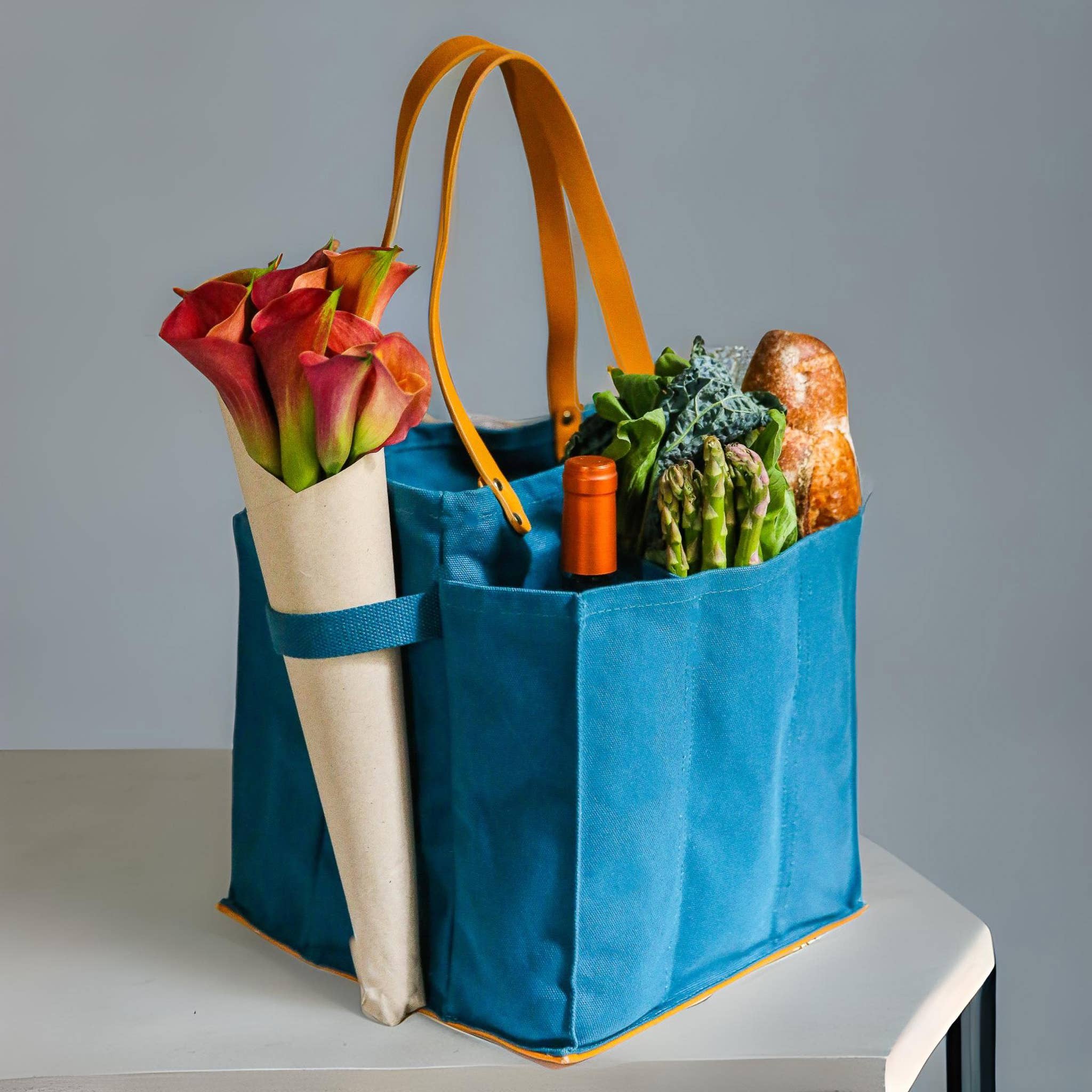 CapaBunga® - Canvas Market Tote: Petrol Blue with Mustard Handles and Base