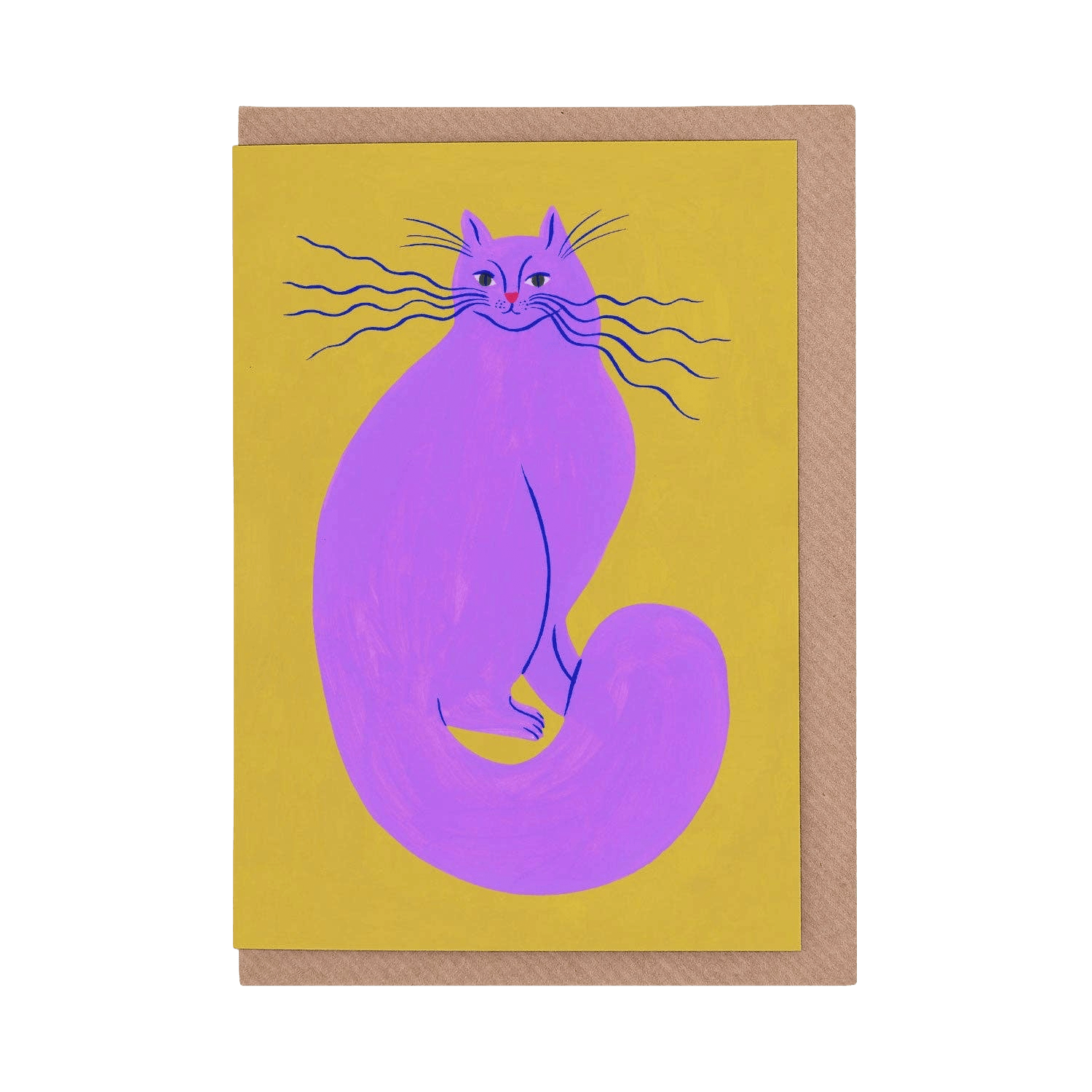 Greeting card with a purple cat illustration on a yellow background
