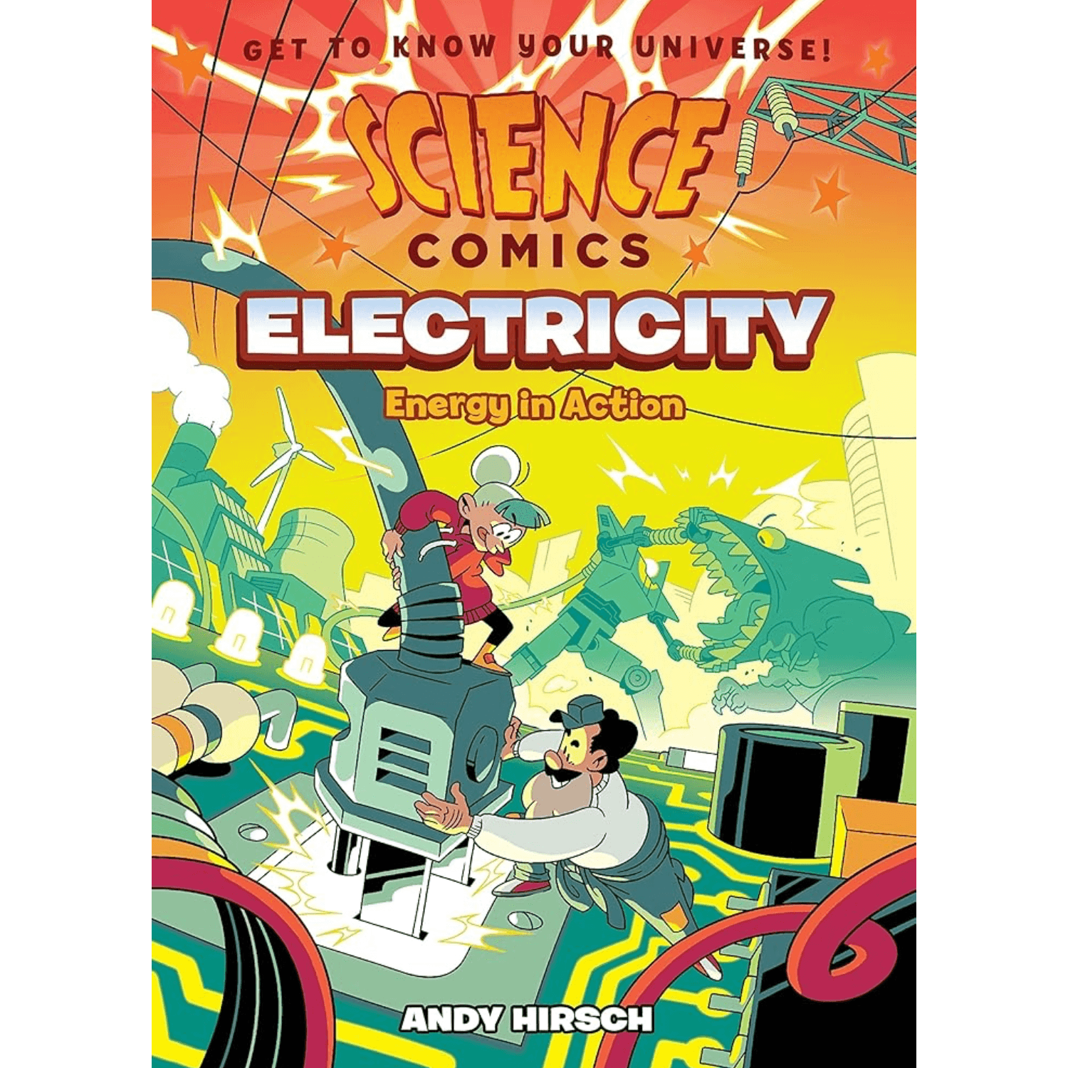 Book cover of 'Science Comics: Electricity' by Andy Hirsch with colorful illustration and text.