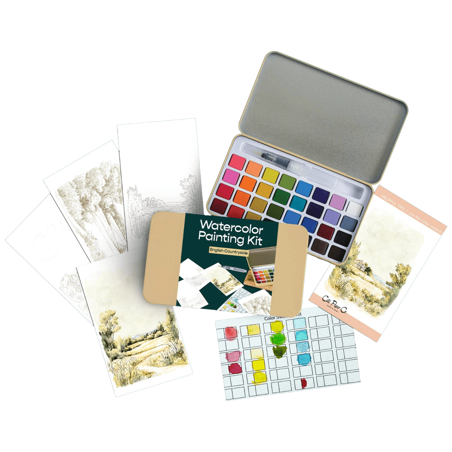 Watercolor painting kit with paint swatches and sample paintings