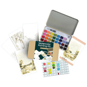 Watercolor painting kit with paint swatches and sample paintings