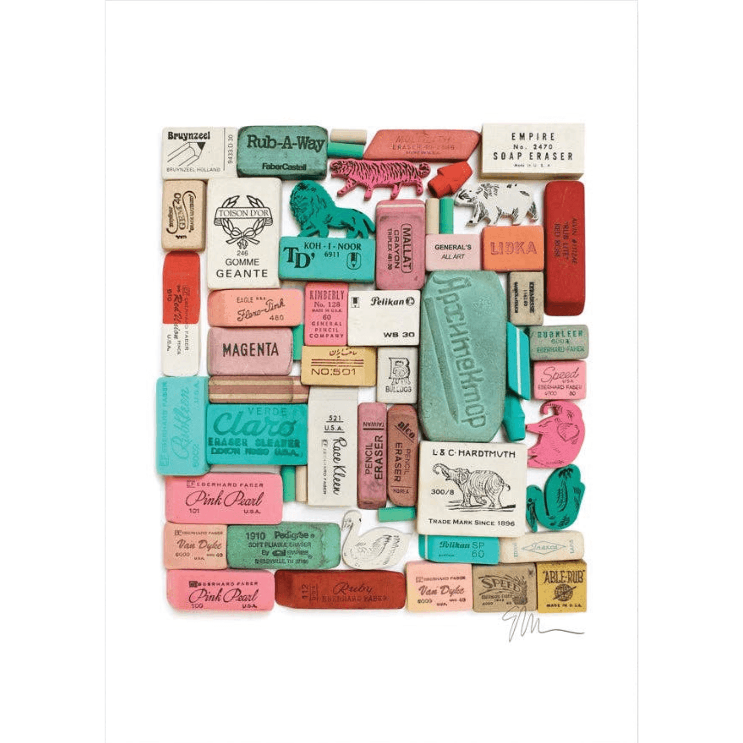 Art Print of a Collection of various colorful erasers arranged in a pattern on a white background