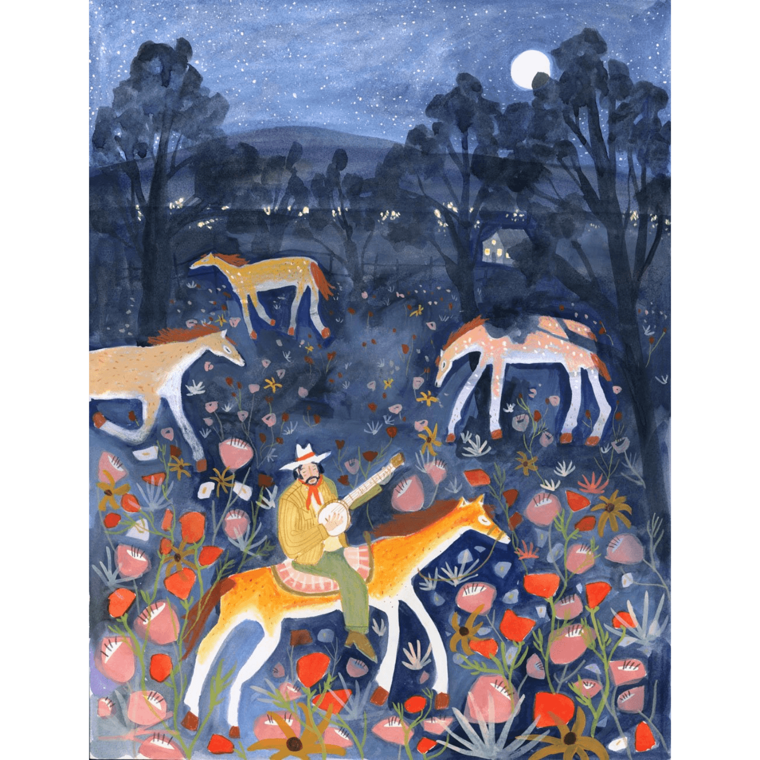 Illustration of a cowboy on horseback playing a banjo in a forest with animals and flowers at night. 