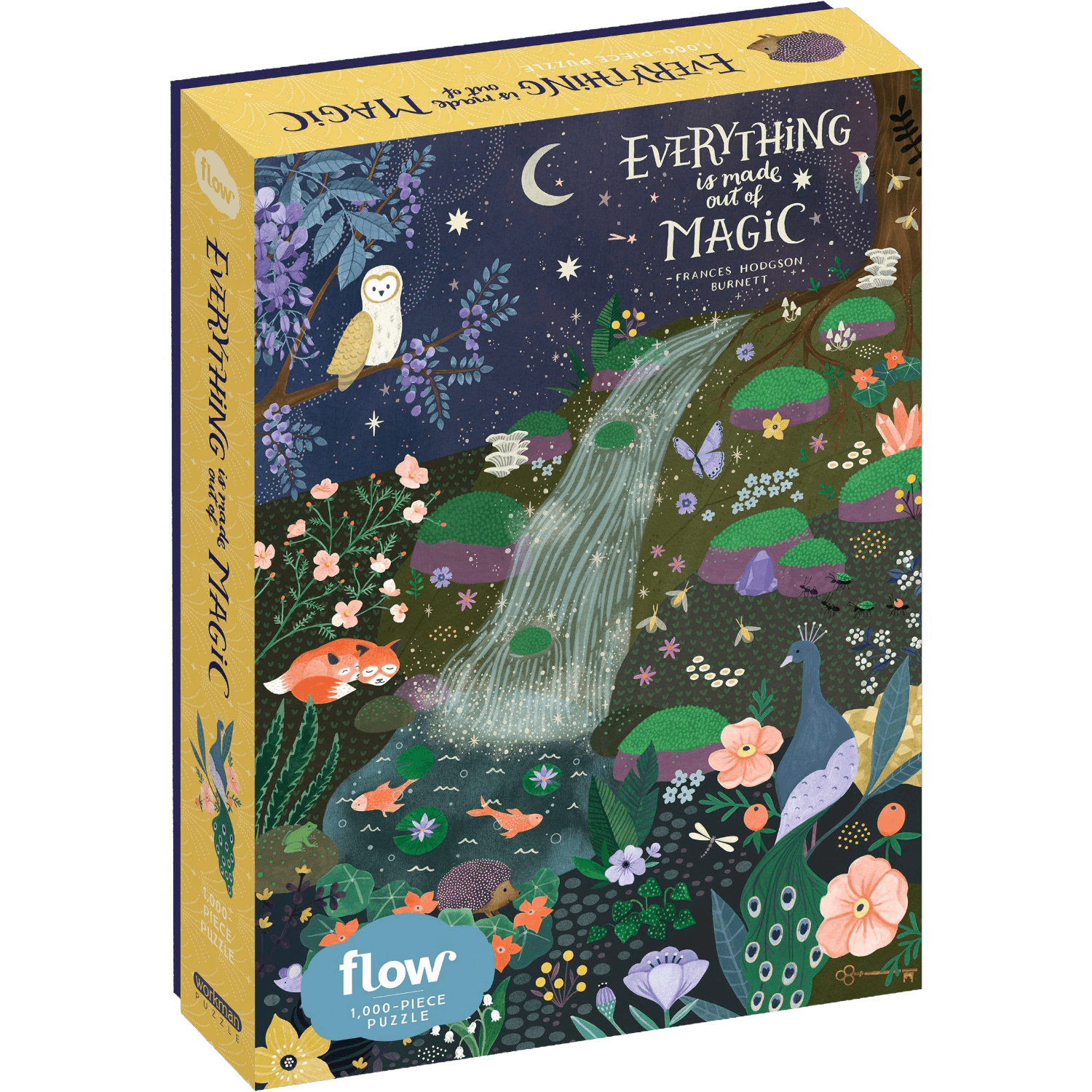 Jigsaw puzzle box with fantasy design featuring a river, animals, and flowers.