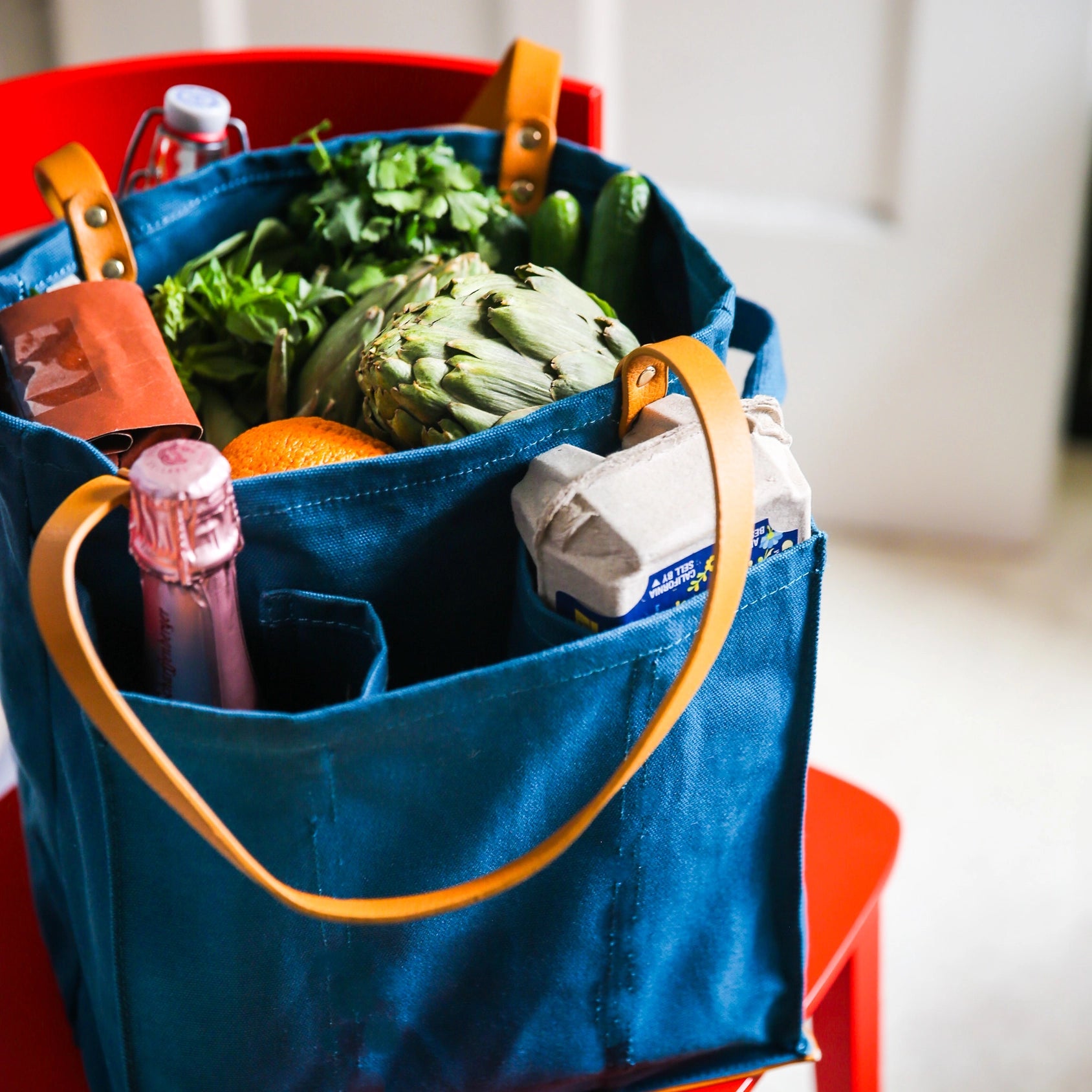 Canvas Market Tote: Petrol Blue with Mustard Handles and Base