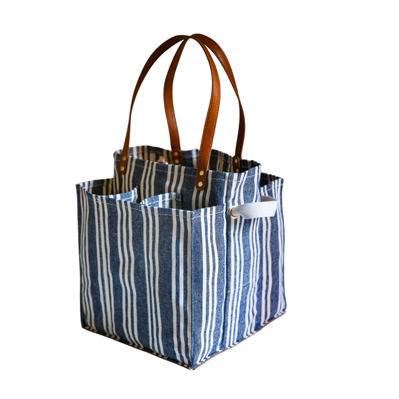 Canvas Market Tote: Blue Striped w/Brown Handles and Base