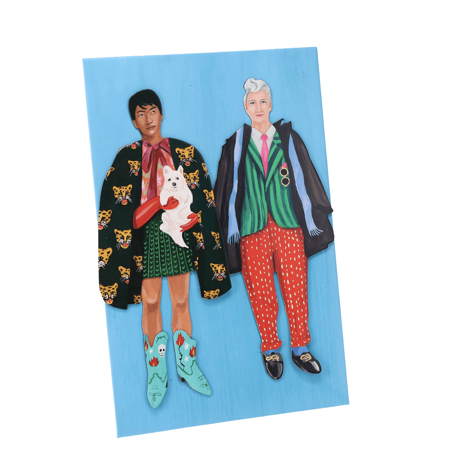 Illustration of two people and a dog on a blue background