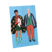 Illustration of two people and a dog on a blue background