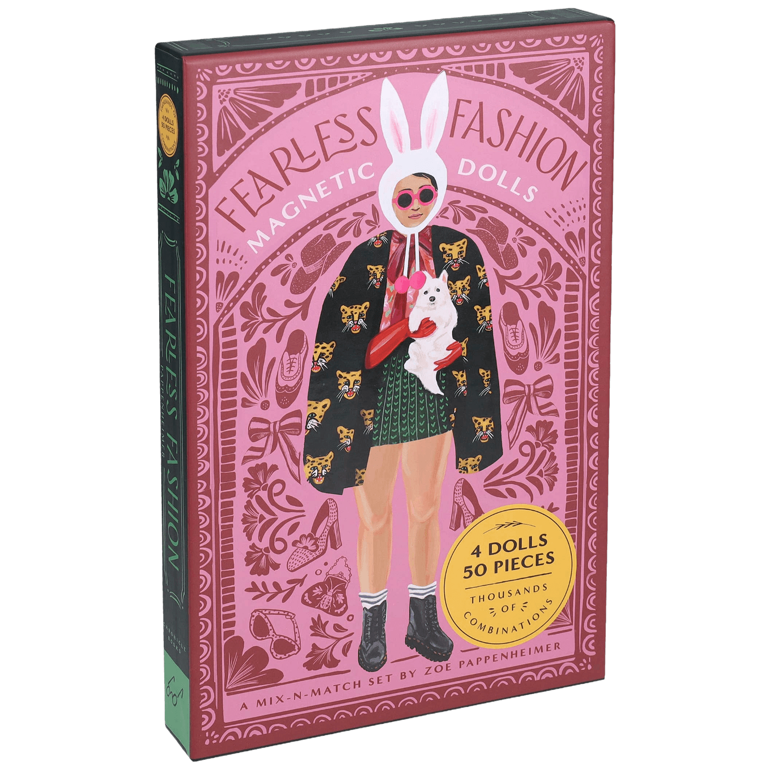 Box of Fearless Fashion Magnetic Dolls with a person wearing a bunny costume on a pink background