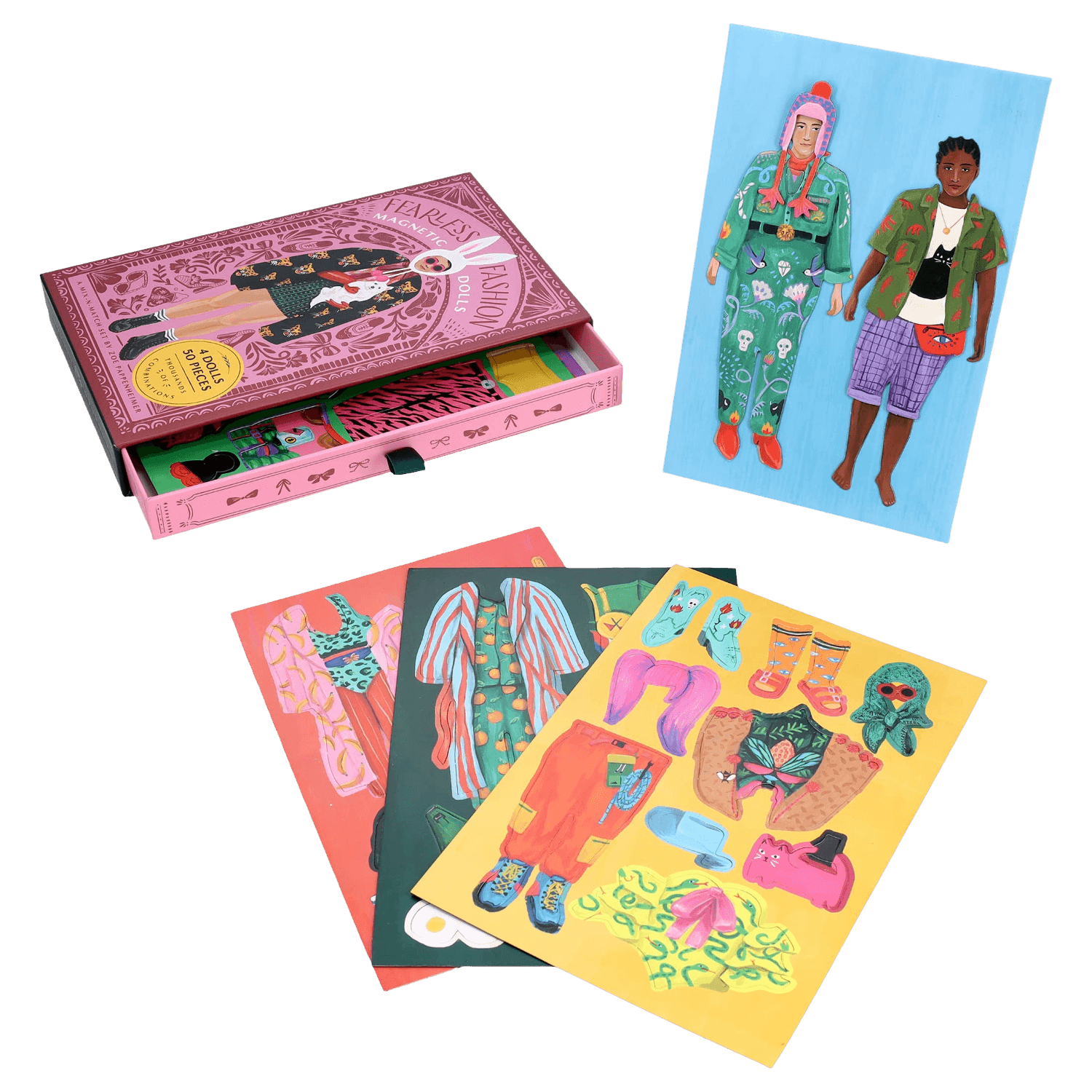 Colorful magnetic dolls packaging with illustrated characters and items