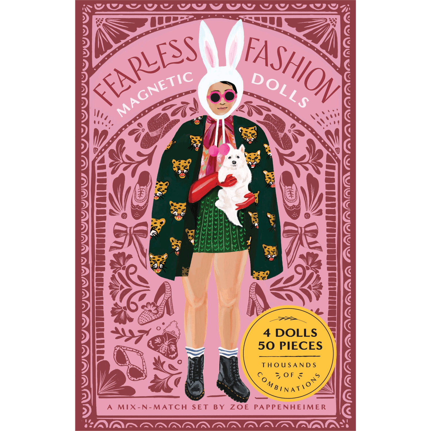 Packaging of Fearless Fashion Magnetic Dolls with a person wearing a bunny head and green coat.