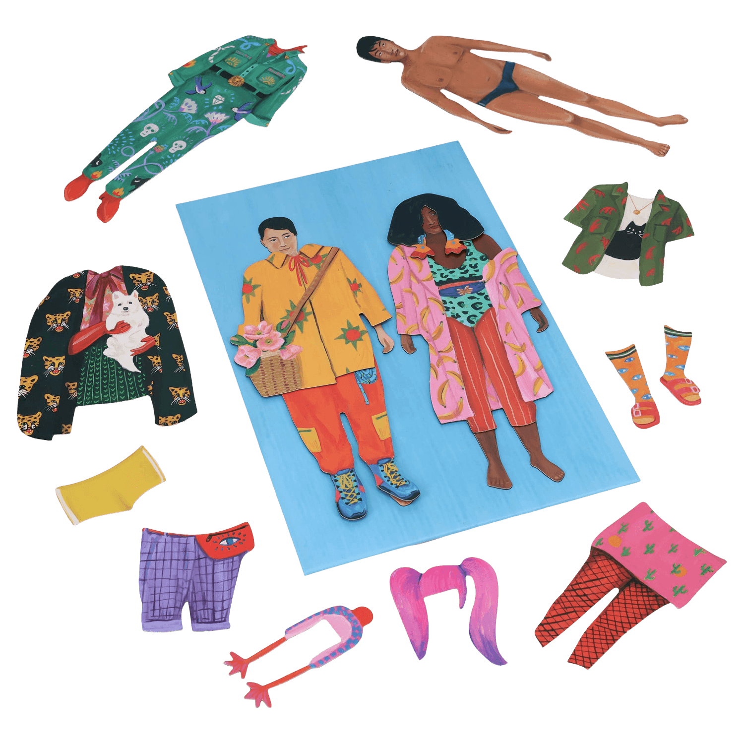 Colorful magnetic dolls with accessories.