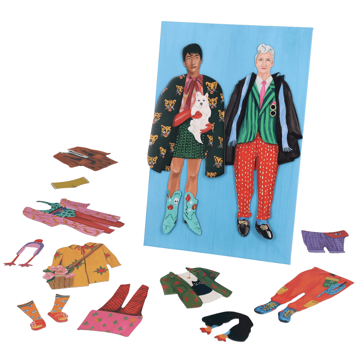 Paper dolls with clothing pieces.