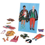 Paper dolls with clothing pieces.