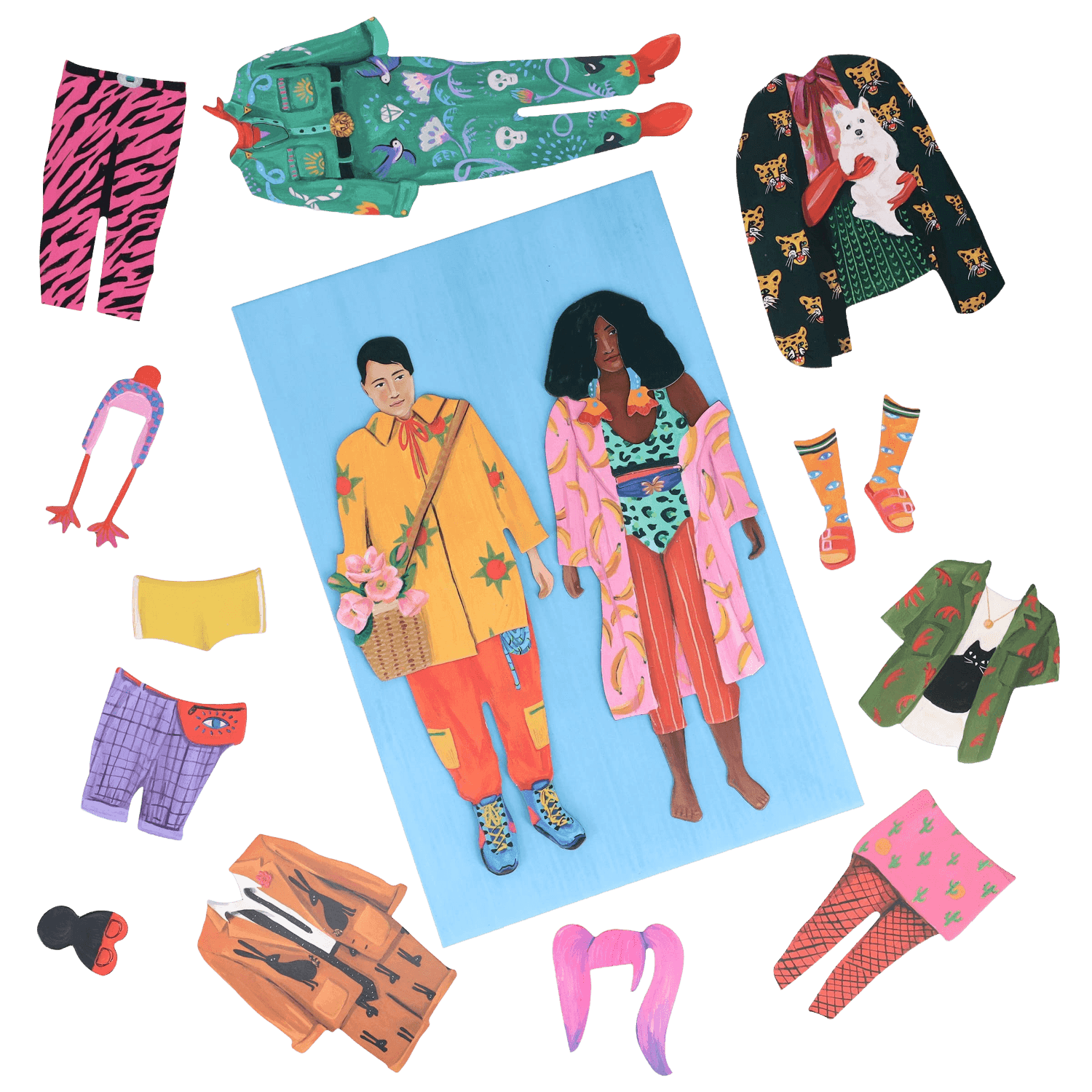 Illustrated dolls with colorful clothing and accessories