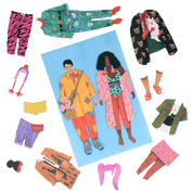 Illustrated dolls with colorful clothing and accessories