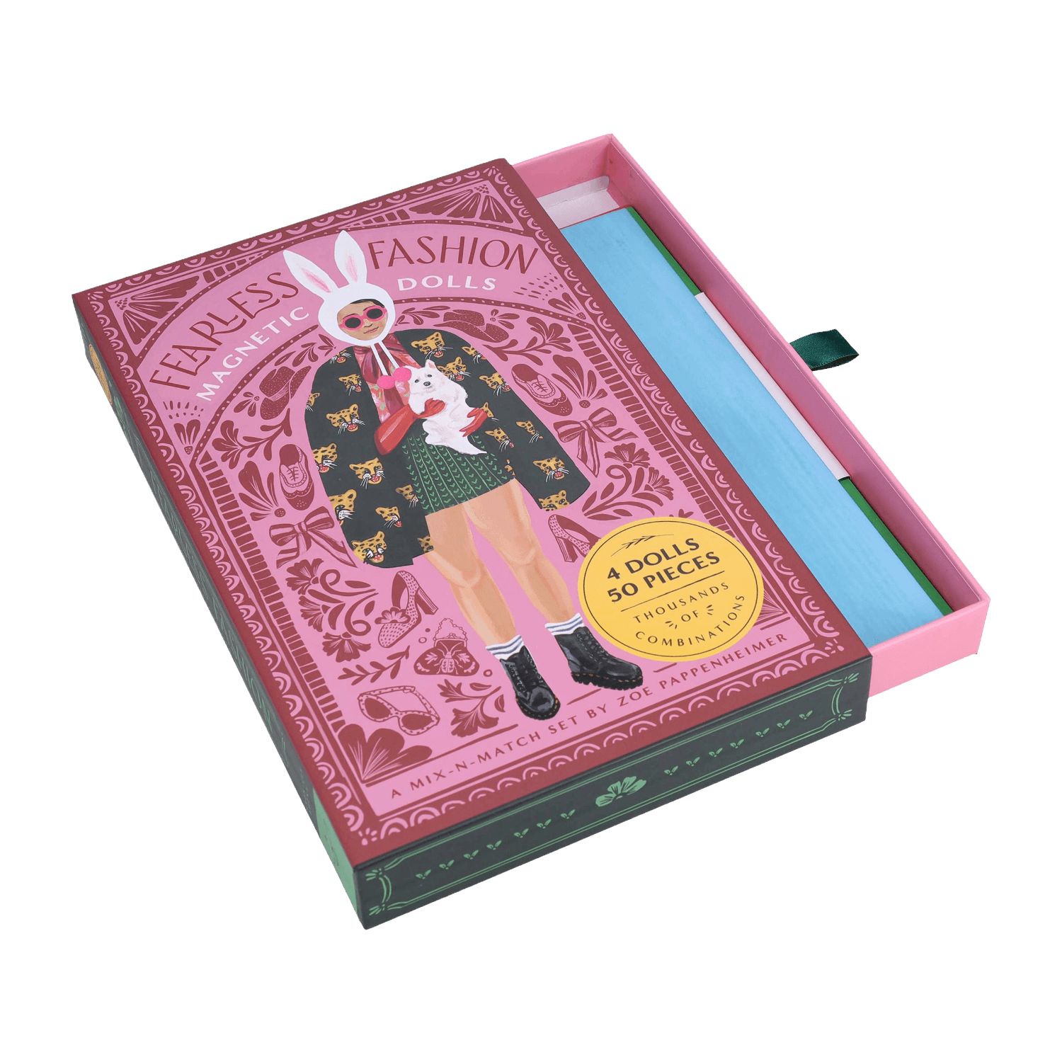 Fashion doll set packaging with a pink and green design 