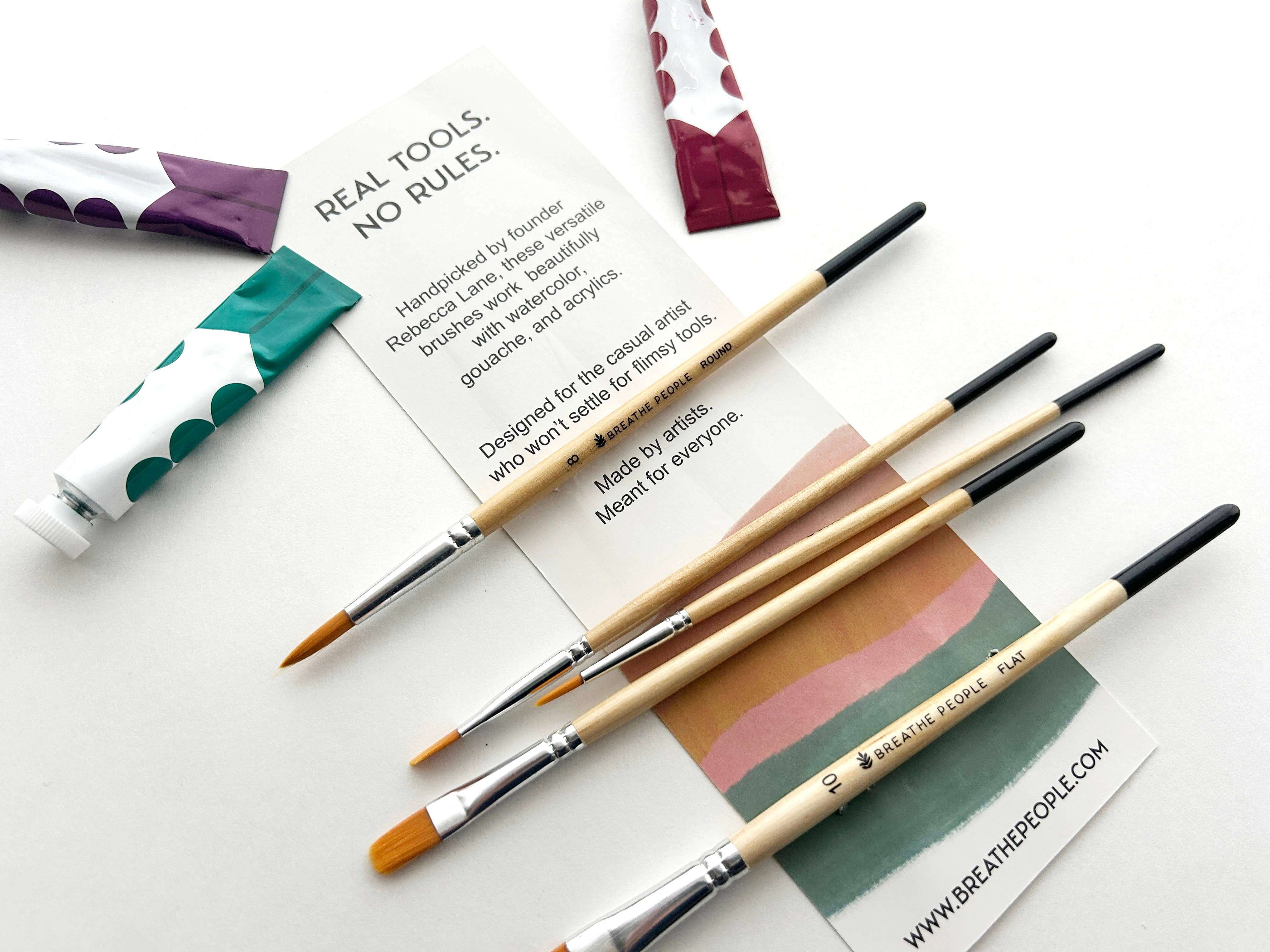 Set of paintbrushes with branded packaging on a white surface