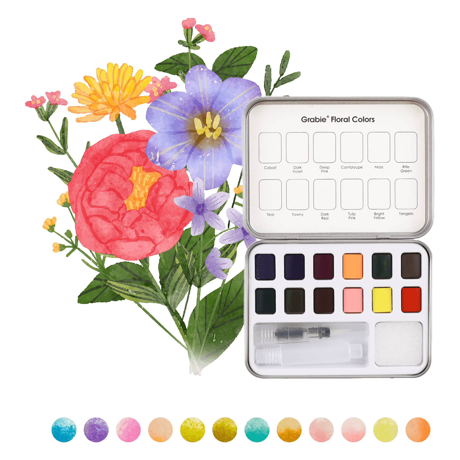 Watercolor paint set with floral design and swatch of colors.