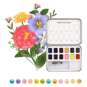 Watercolor paint set with floral design and swatch of colors.