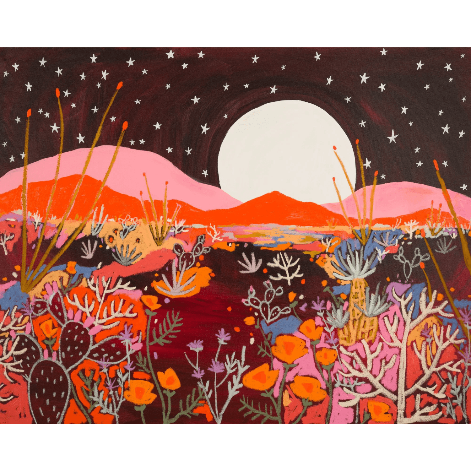 Colorful desert landscape with cacti and flowers under a big full moon and stars.