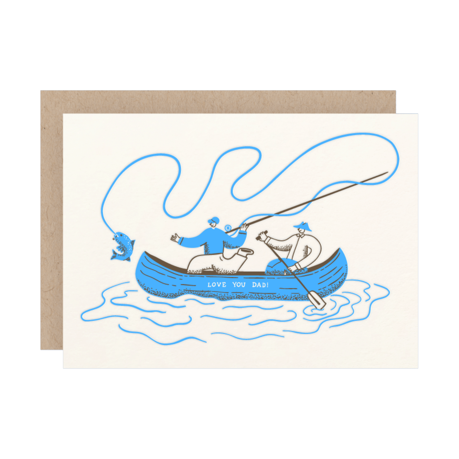 Greeting card with illustration of two people in a canoe, one holding a fishing rod, on a white background.
