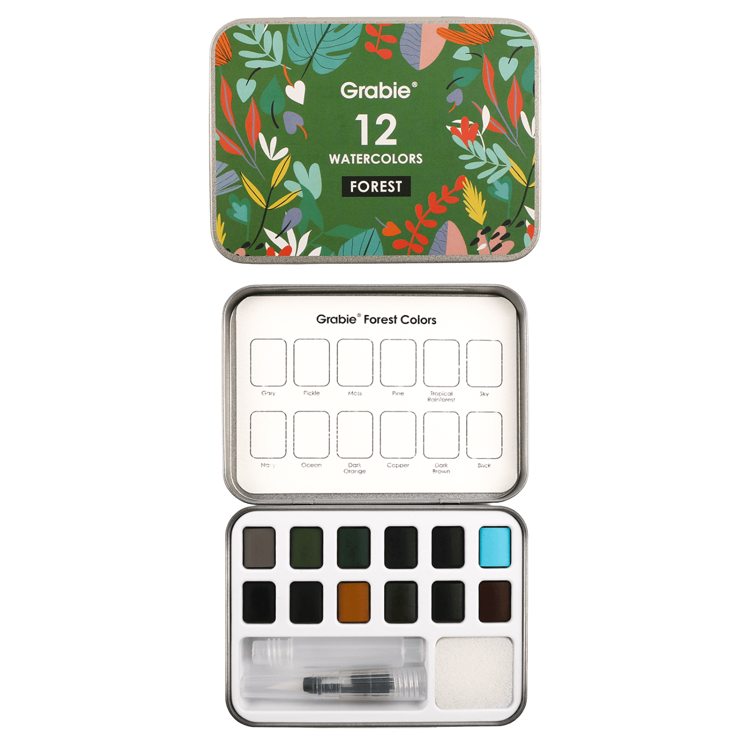 Grabie watercolor set with forest-themed design and color palette.