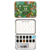 Grabie watercolor set with forest-themed design and color palette.