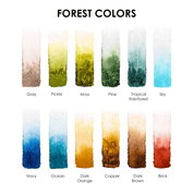 Chart of forest colors with swatches labeled from gray to brick for a watercolor palette. 