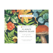 A cover design for a forest-themed art outline pack titled 'Forest Floor' by Breathe People. The artwork features watercolor-style botanical elements including green ferns, orange berries, a brown mushroom, and autumn leaves on a dark background, with a central white text panel reading '10 Minute Creative Escape' and '16 Art Outlines Forest Soundscapes.