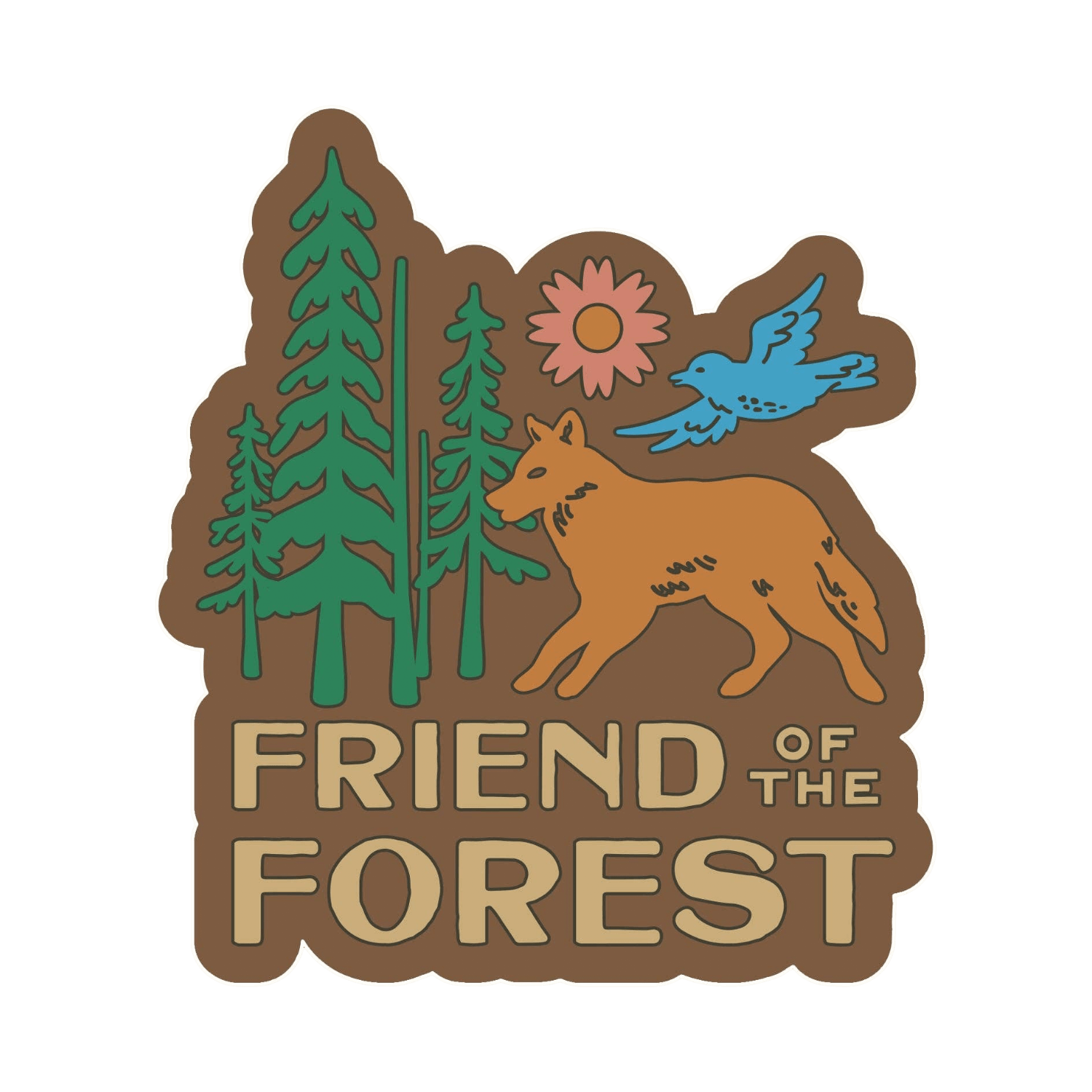 Sticker with nature-themed design featuring trees, a wolf, a flower, and a bird with 'Friend of the Forest' text.