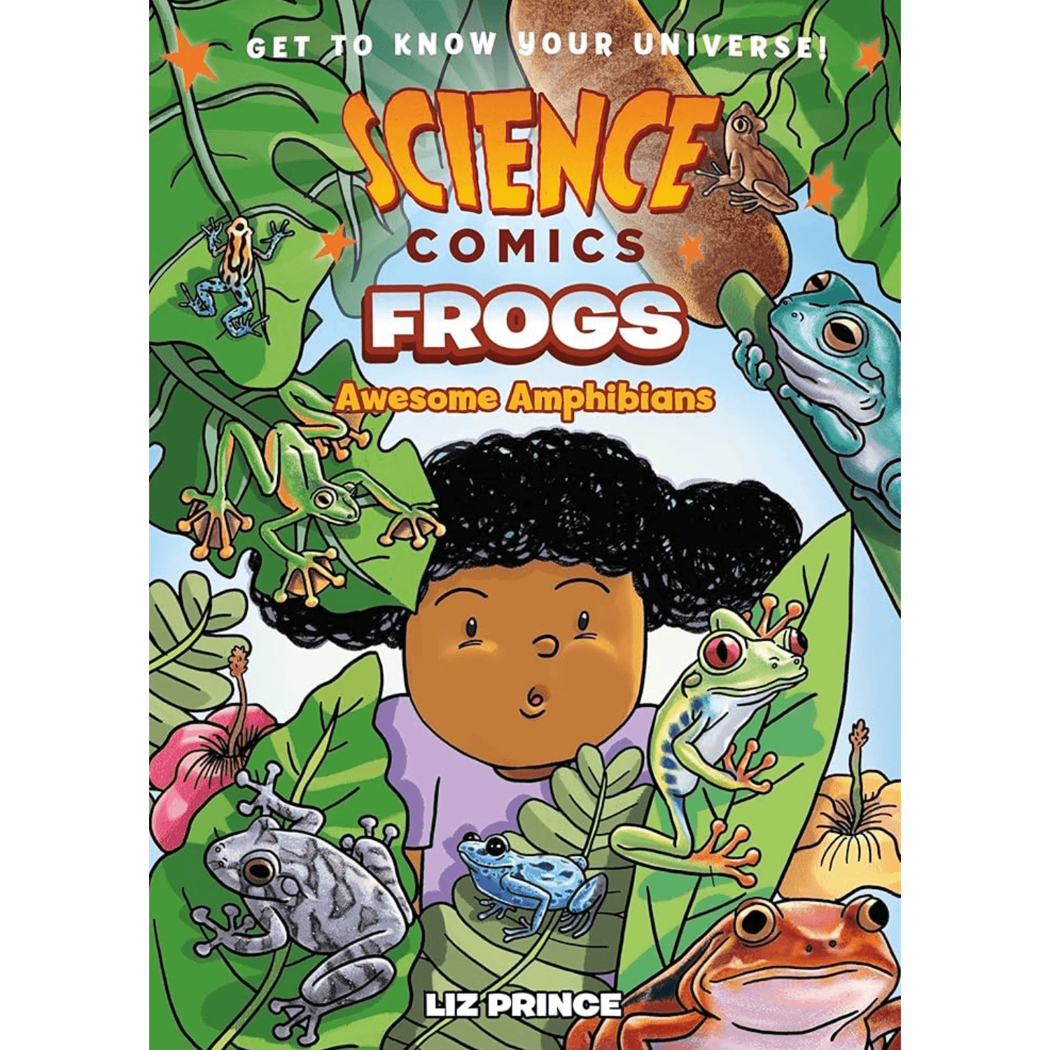 Book cover of 'Science Comics: Frogs' featuring a child surrounded by frogs and foliage.