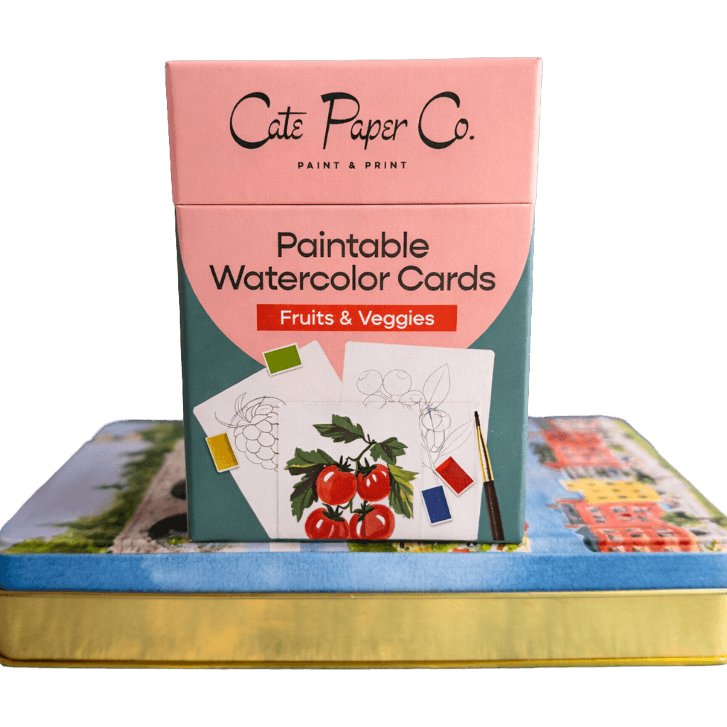 Cate Paper Co. paintable watercolor cards packaging with illustrations of fruits and vegetables.