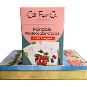 Cate Paper Co. paintable watercolor cards packaging with illustrations of fruits and vegetables.