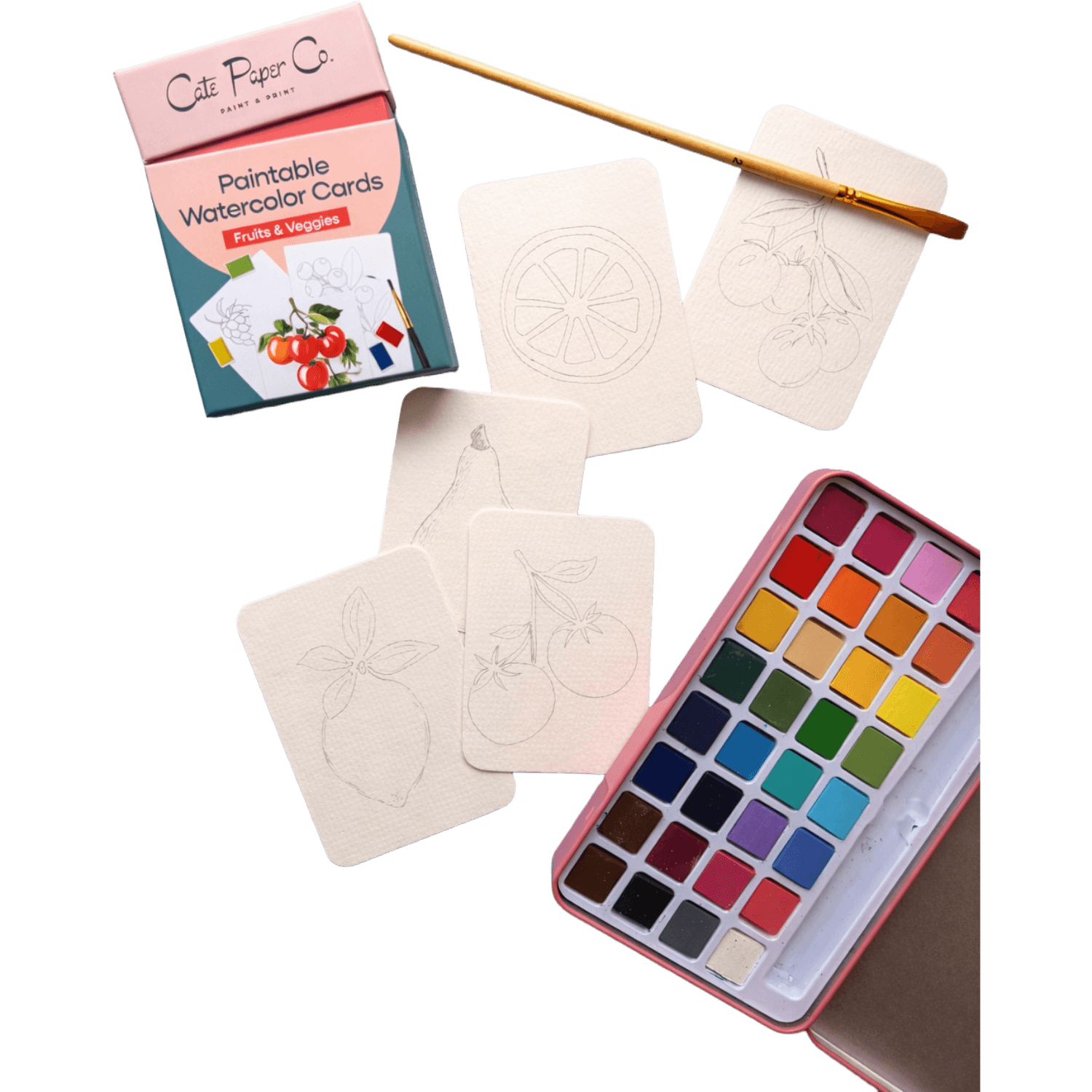 Paintable fruit and vegetable watercolor cards with a brush and color palette
