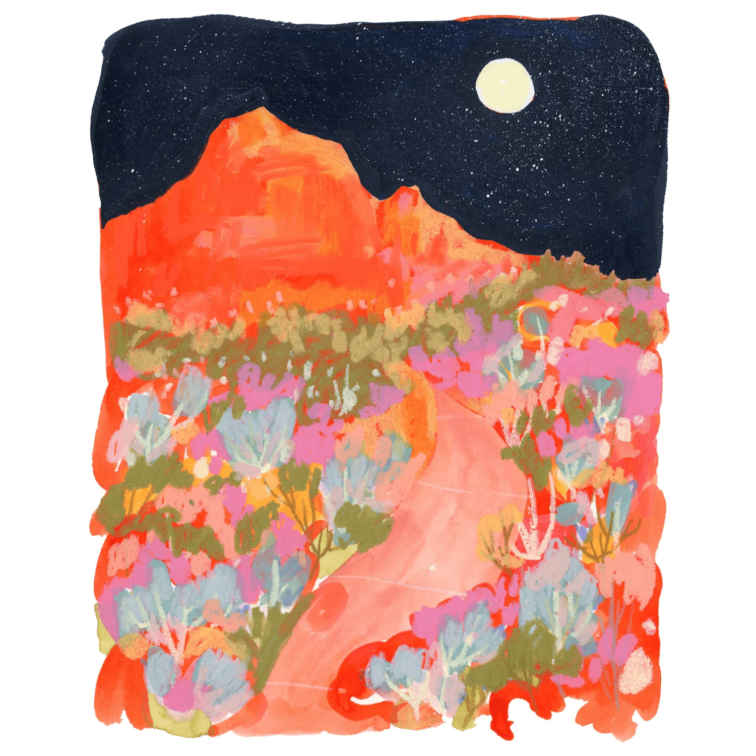 Colorful illustration of a red mountain desert landscape with a starry night full moon sky.