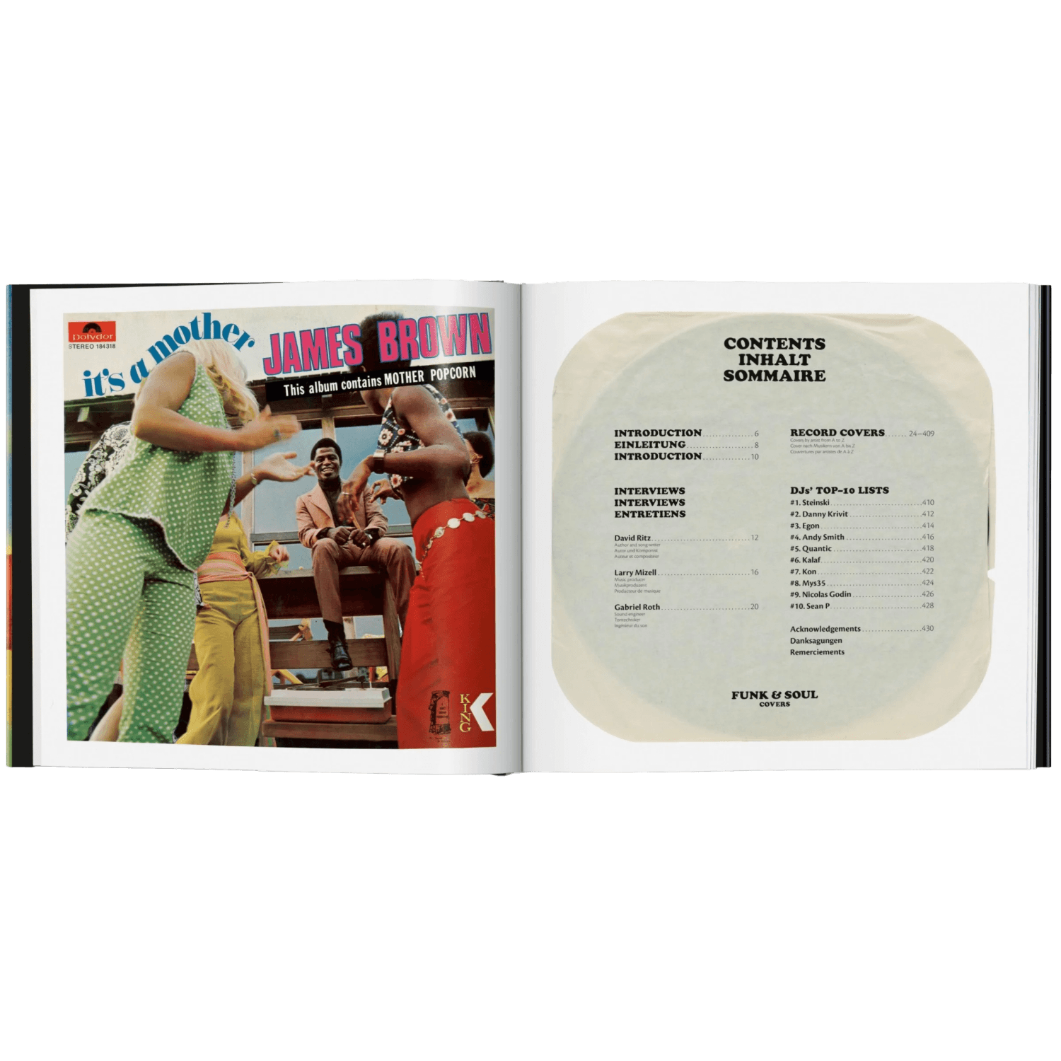 Book page of an album cover and table of contents for James Brown's 'It's a Mother' album.