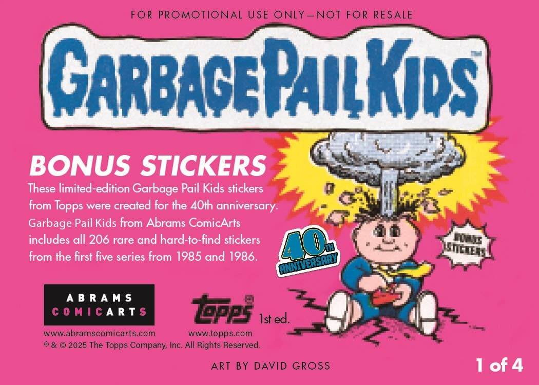 Promotional image for Garbage Pail Kids bonus stickers with cartoon character on pink background
