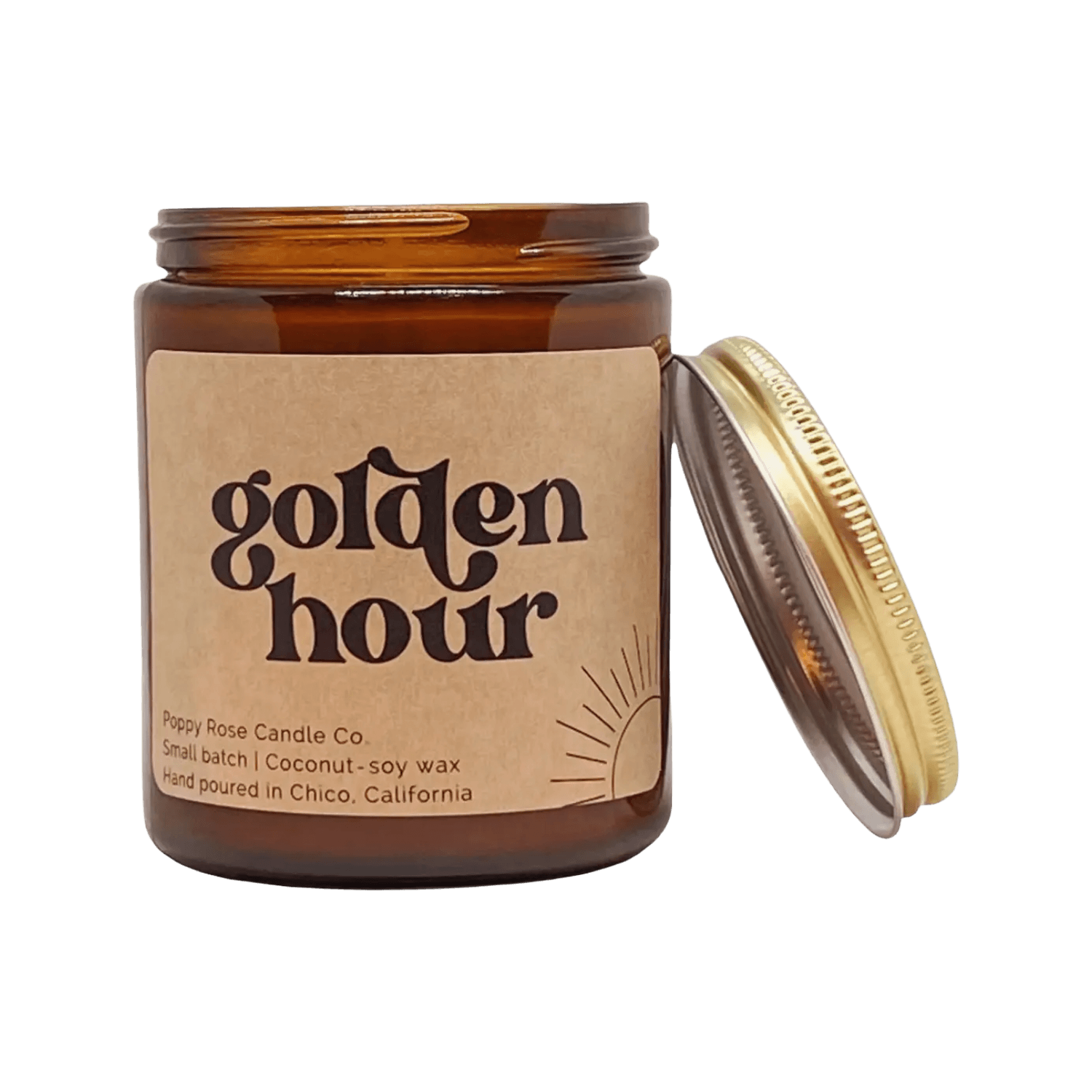Candle jar labeled 'golden hour' with a gold lid