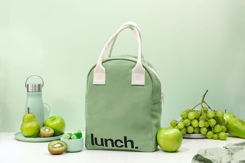'Lunch' Moss Green Organic Cotton Zipper Lunch Bag
