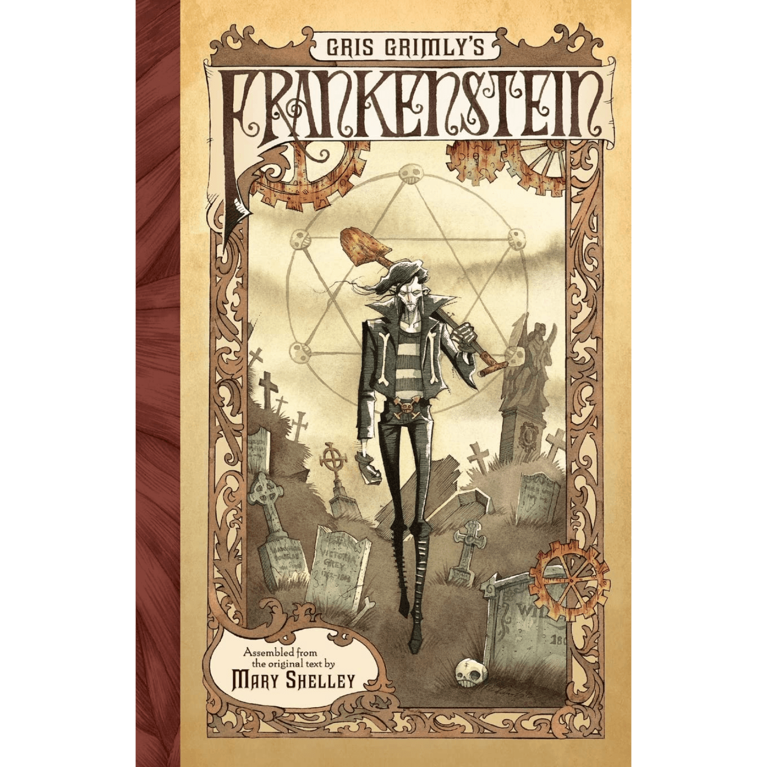 Book cover of 'Frankenstein' by Mary Shelley with a gothic design. An image of a skeleton walking through a graveyard with a black and white outfit and shovel over their shoulder. 