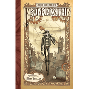 Book cover of 'Frankenstein' by Mary Shelley with a gothic design. An image of a skeleton walking through a graveyard with a black and white outfit and shovel over their shoulder. 