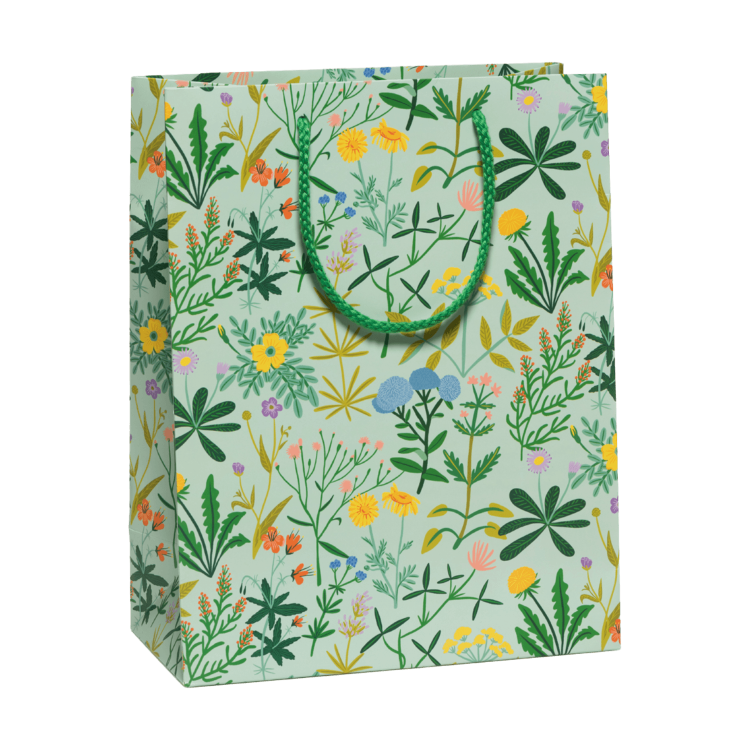 Green gift bag with floral pattern and green handle.