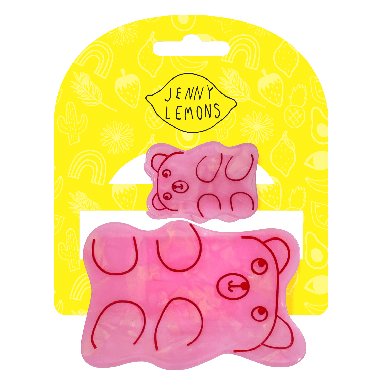 Pink gummy bear-shaped hair clips on a yellow card with 'Jenny Lemons' branding.