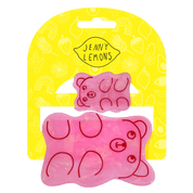 Pink gummy bear-shaped hair clips on a yellow card with 'Jenny Lemons' branding.