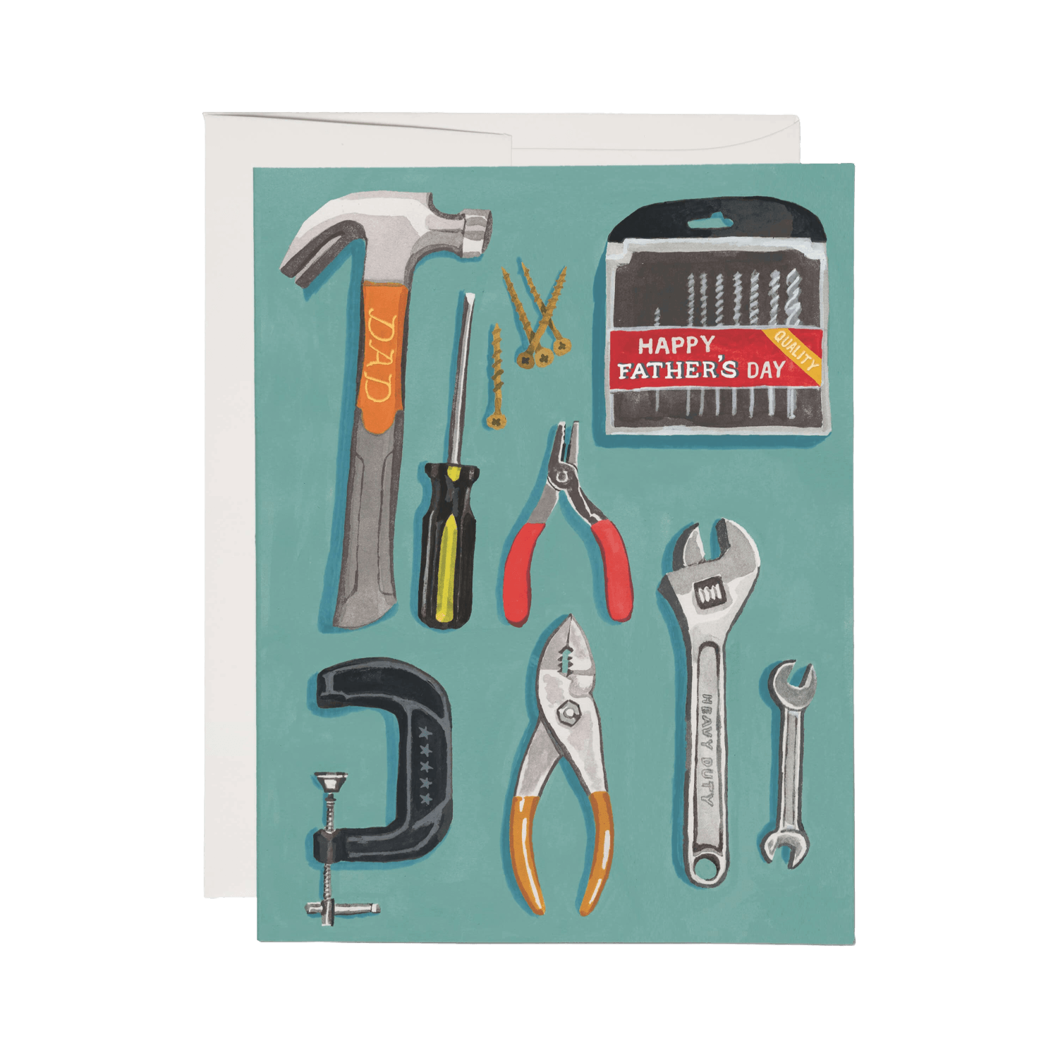 Father's Day card with an array of tools on a teal background