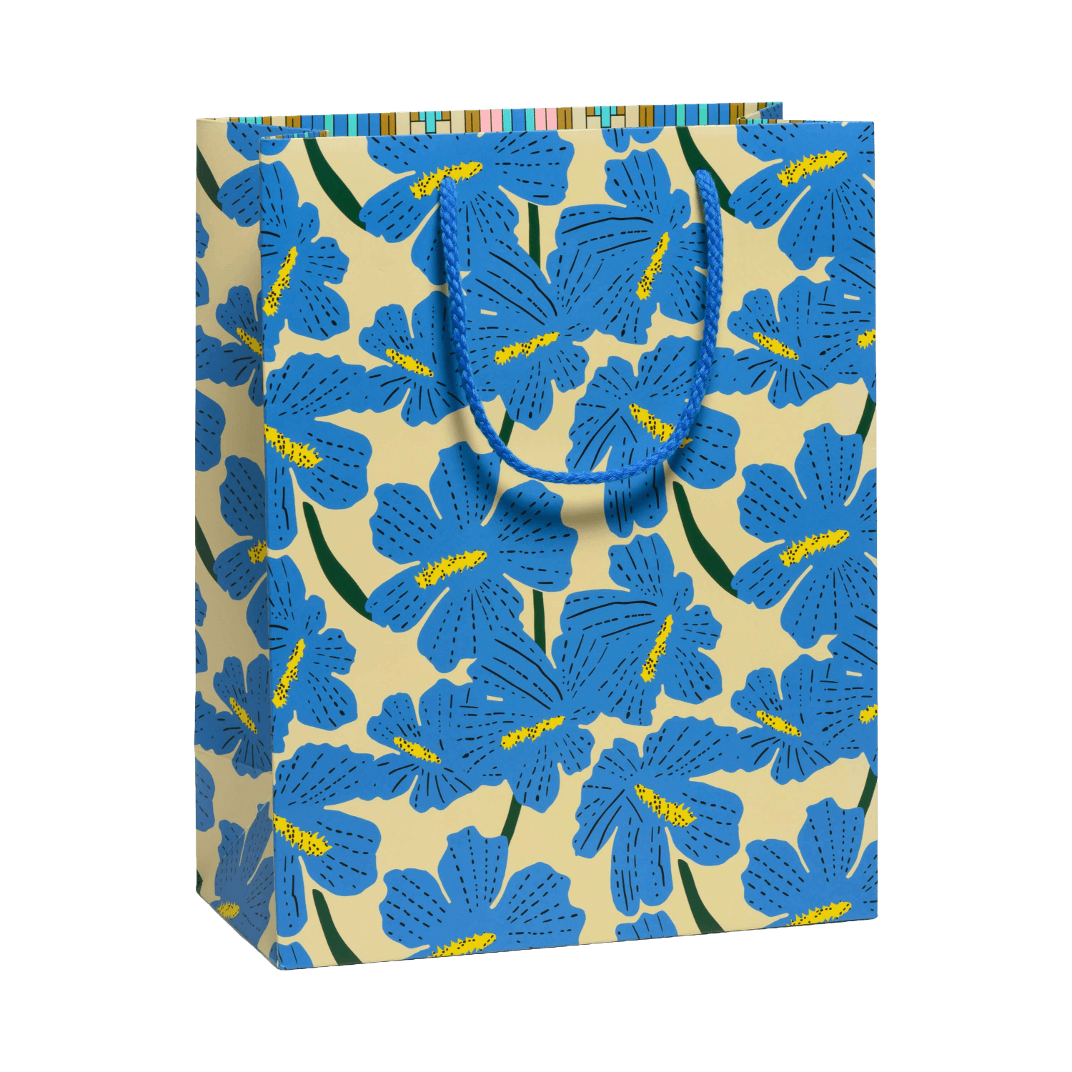 Gift bag with blue floral pattern on a beige background