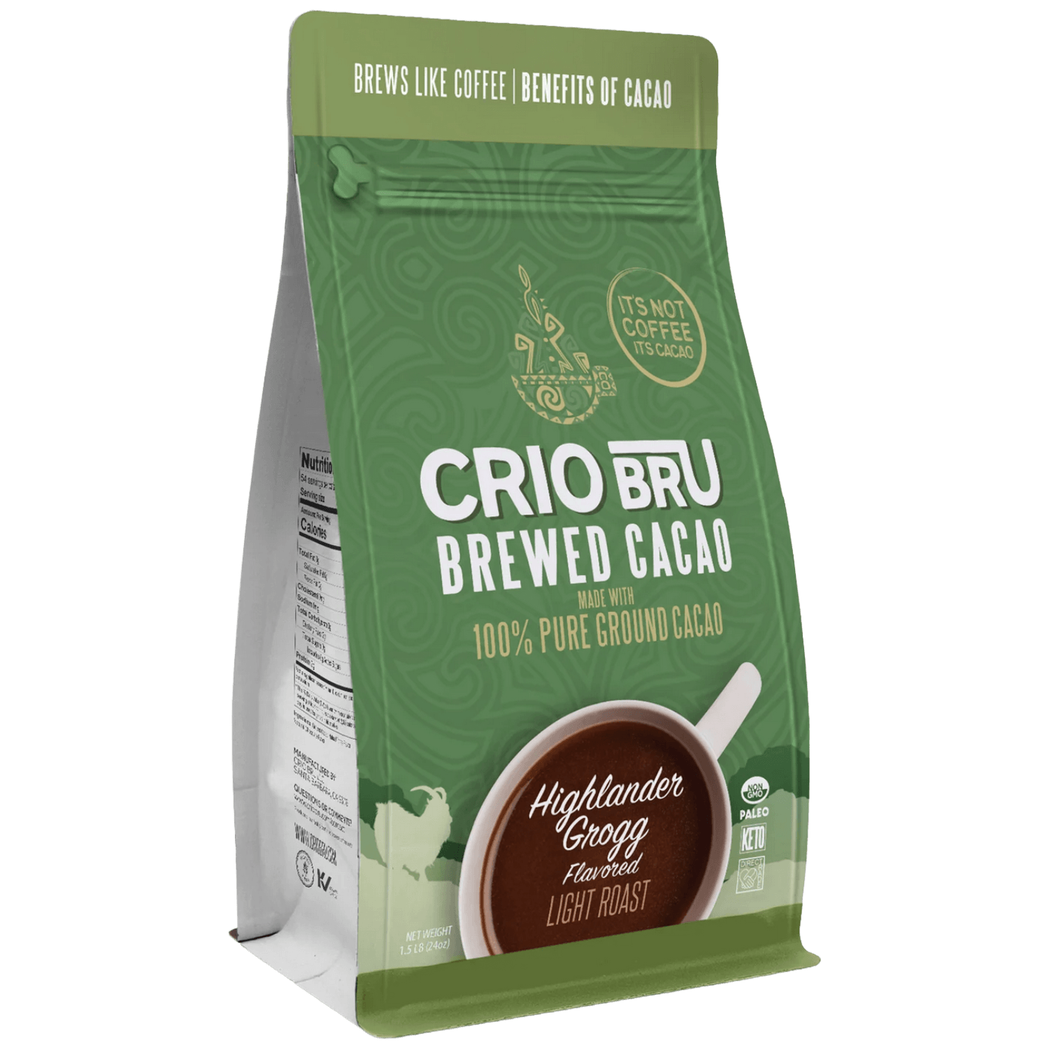 Green package of a bag of Crio Bru Brewed Cacao. 