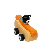 Toy hot dog car with a black dog driver. 
