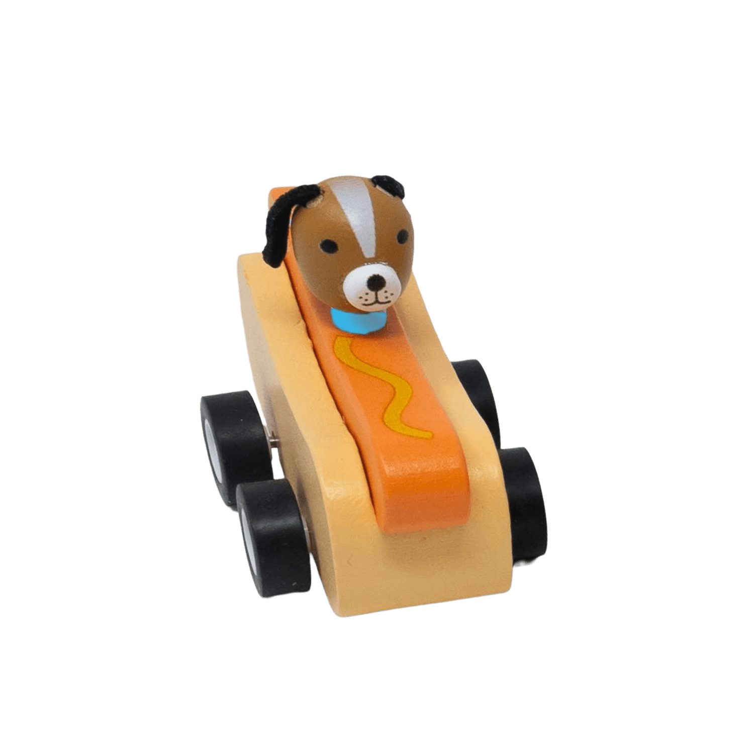 Toy hot dog car with a brown dog driver. 
